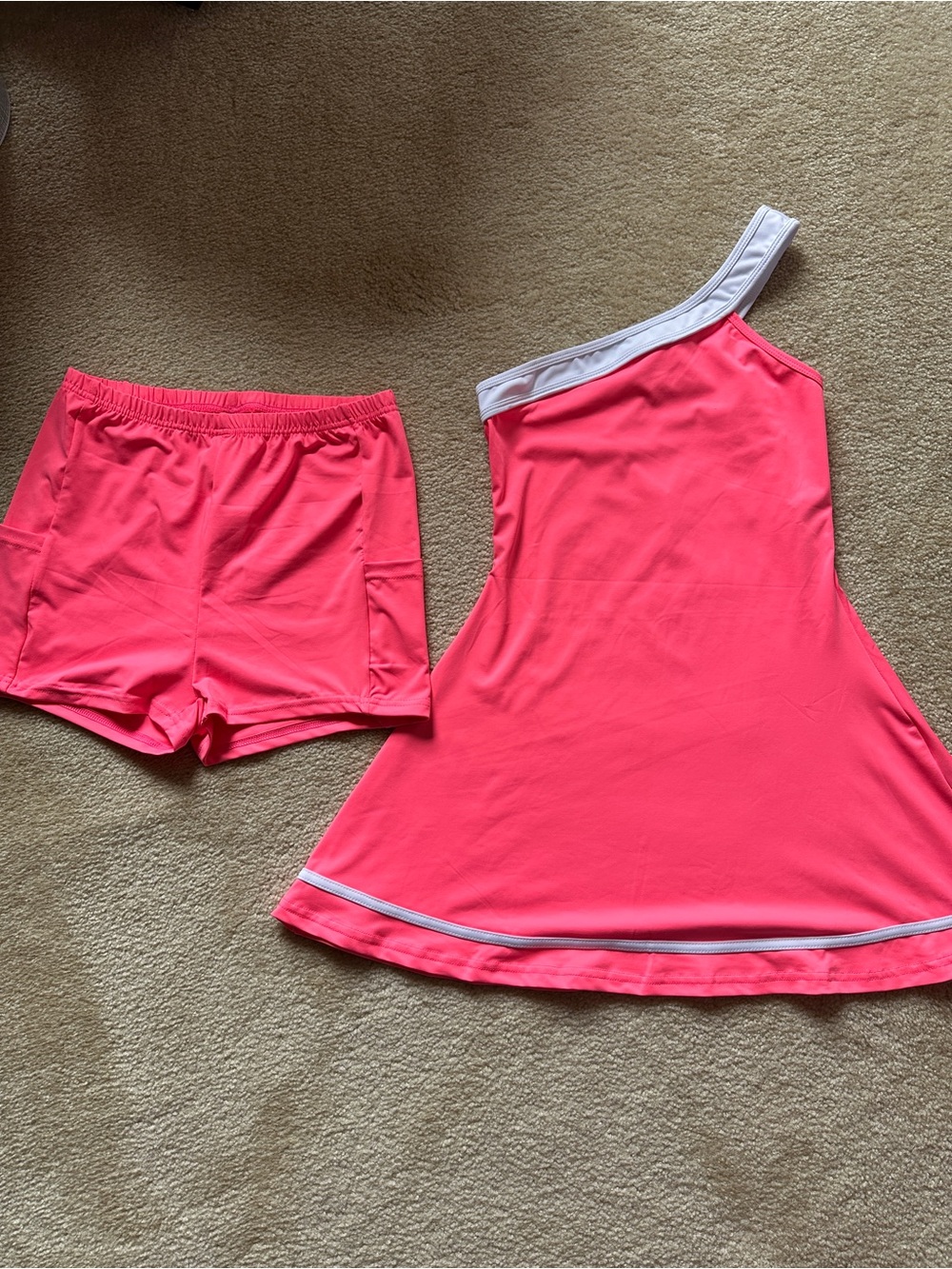 Hot Pink Athletic Women's One-Shoulder Dress with Detachable Shorts and Pockets